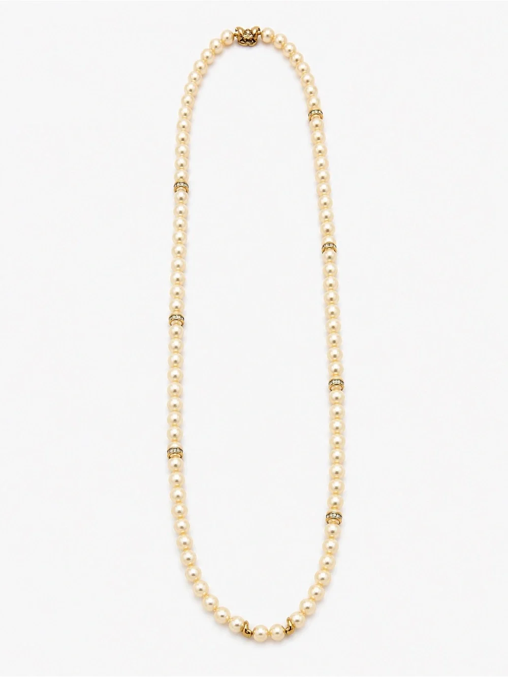 J.Crew Long Strand Faux Pearl Necklace Gold Rhinestone Accents